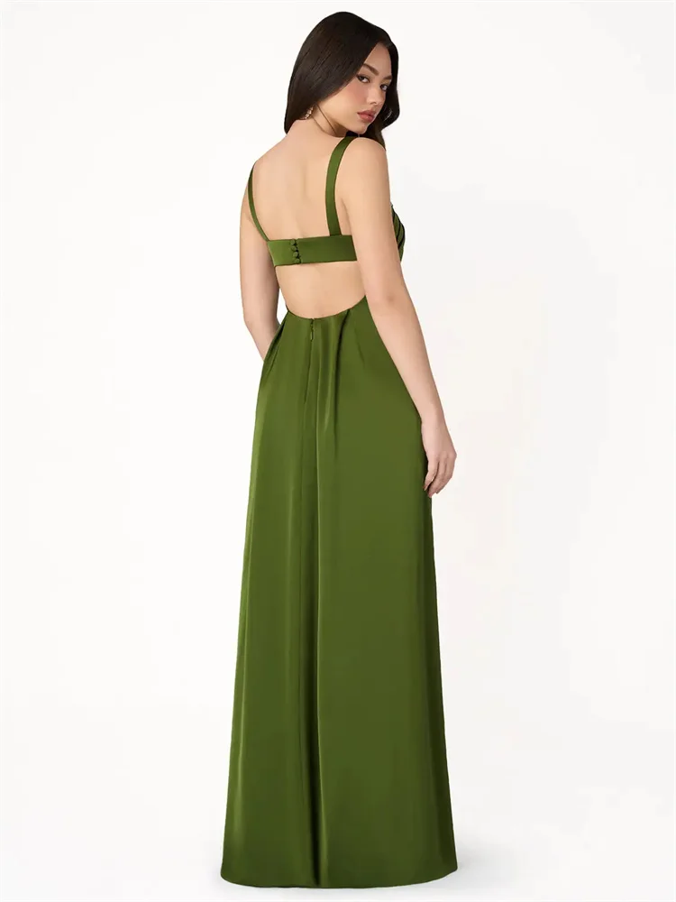 Customized Exquisite Olive Green Dress, Deep V-neck, Beaded Embellishment On The Chest, Pleated Skirt, High Slit Evening Gown