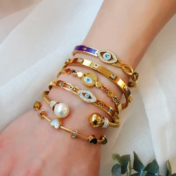 Vintage Lucky Evil Eye Stainless Steel Bracelets Summer Butterfly Heart Pearl Cuff Bracelets Women Statement Bangle Jewelry Gift