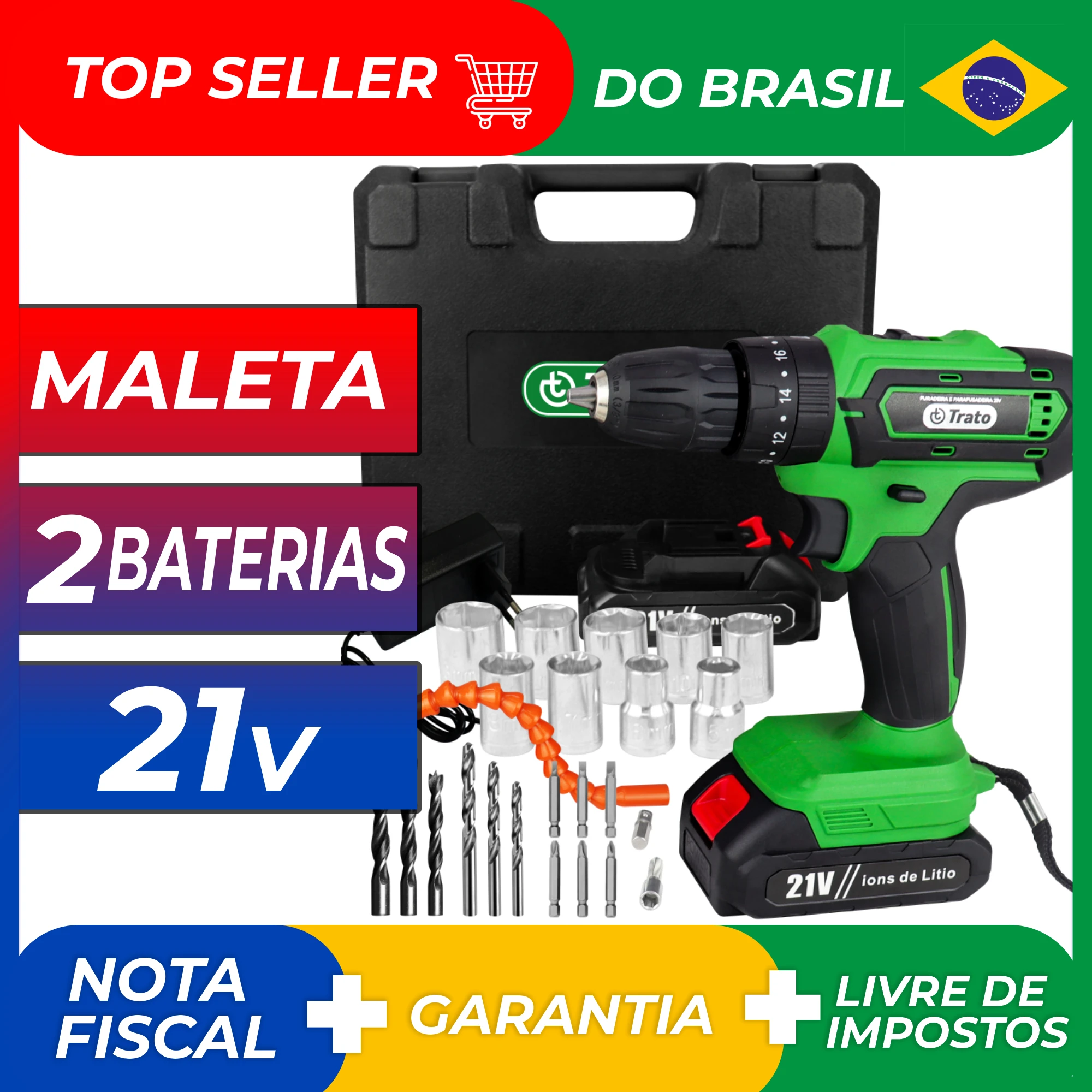 21v Professional Electric Drill With 2 Batteries And Case Cordless Impact Wrench Light Led Tract TPAR21 110/220V