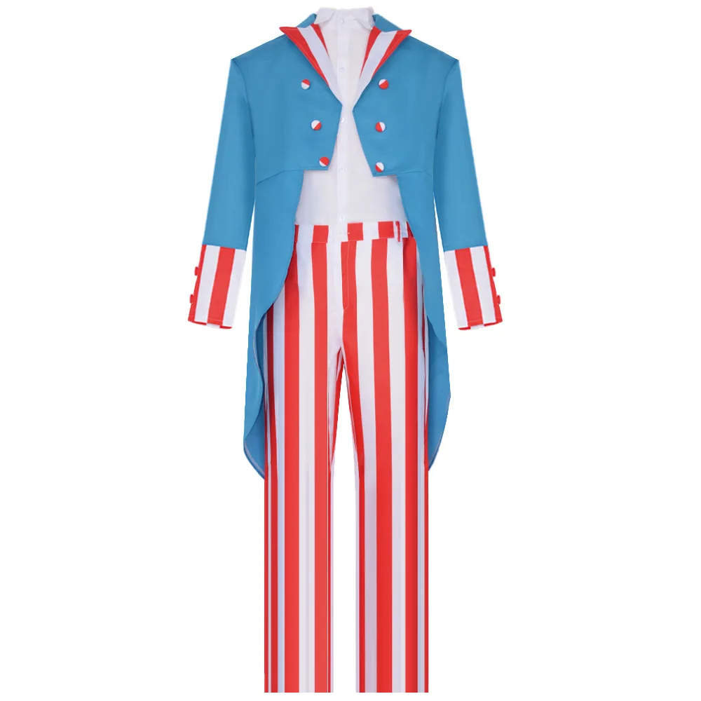 Uncle Sam Cosplay Costume Blue Tailcoat Red Striped Pants White Shirt Hat Set Festive Carnival Halloween Role Play Outfit
