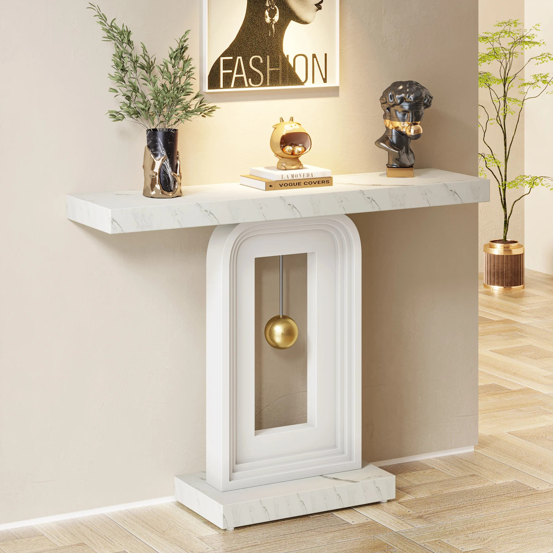Tribesigns Narrow Console Table White, 100cm Hallway Table Entryway Table with Pendulum Shape Base, Faux Marble Print Console Table Narrow Wood Table for Living Room Hallway Entryway