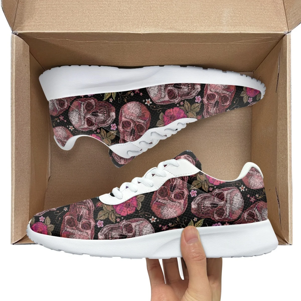 Skull Flowers Print Women's Sneaker Wear-resistant Dirt Resistant Cozy Outdoor Running Shoes Lightweight Breathable Walking Shoe