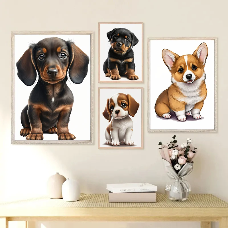 Cute Baby Dogs Portrait Poster Doberman Bulldog Border Collie Schnauzer Canvas Painting Lovely Pet Wall Art Room Home Decor