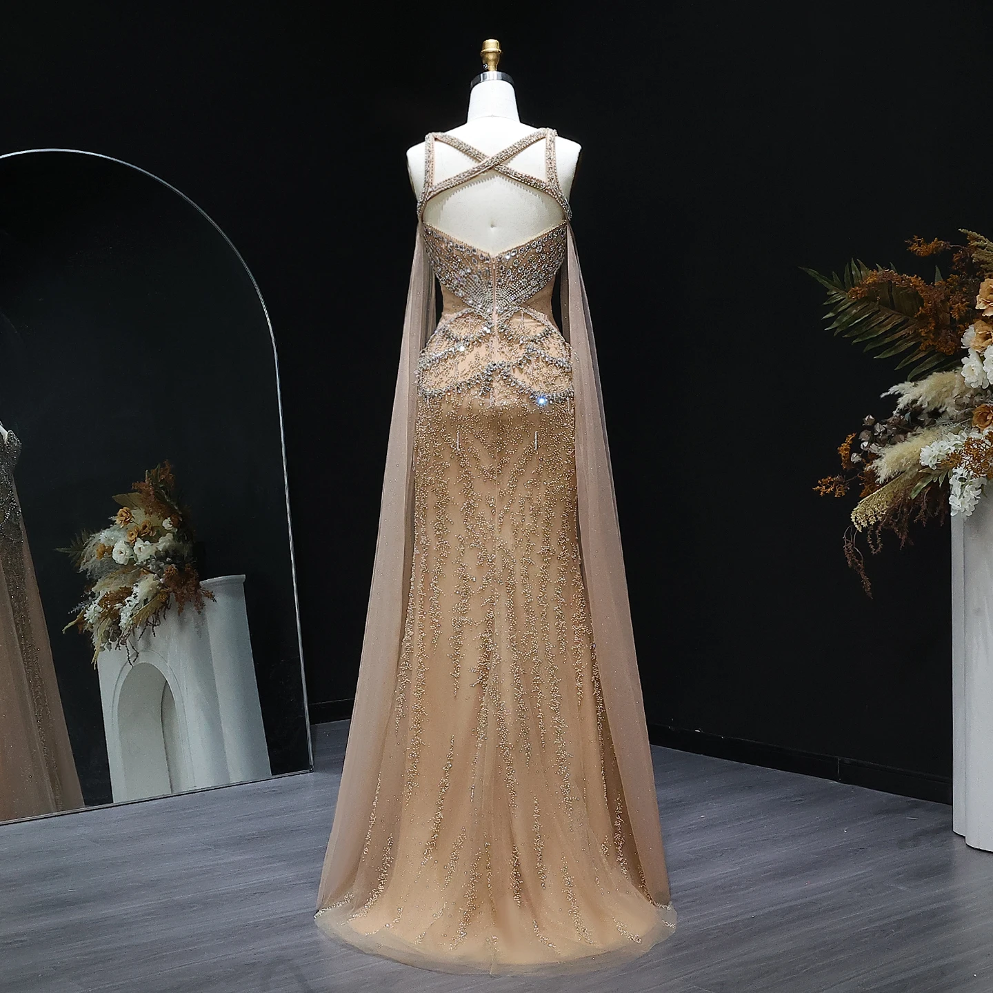 Sharon SaidLuxury Kristall Arabisch Meerjungfrau Champagner Abendkleid mit Cape Ärmeln Elegantes Hochzeitskleid SS211 Maßgeschneidert