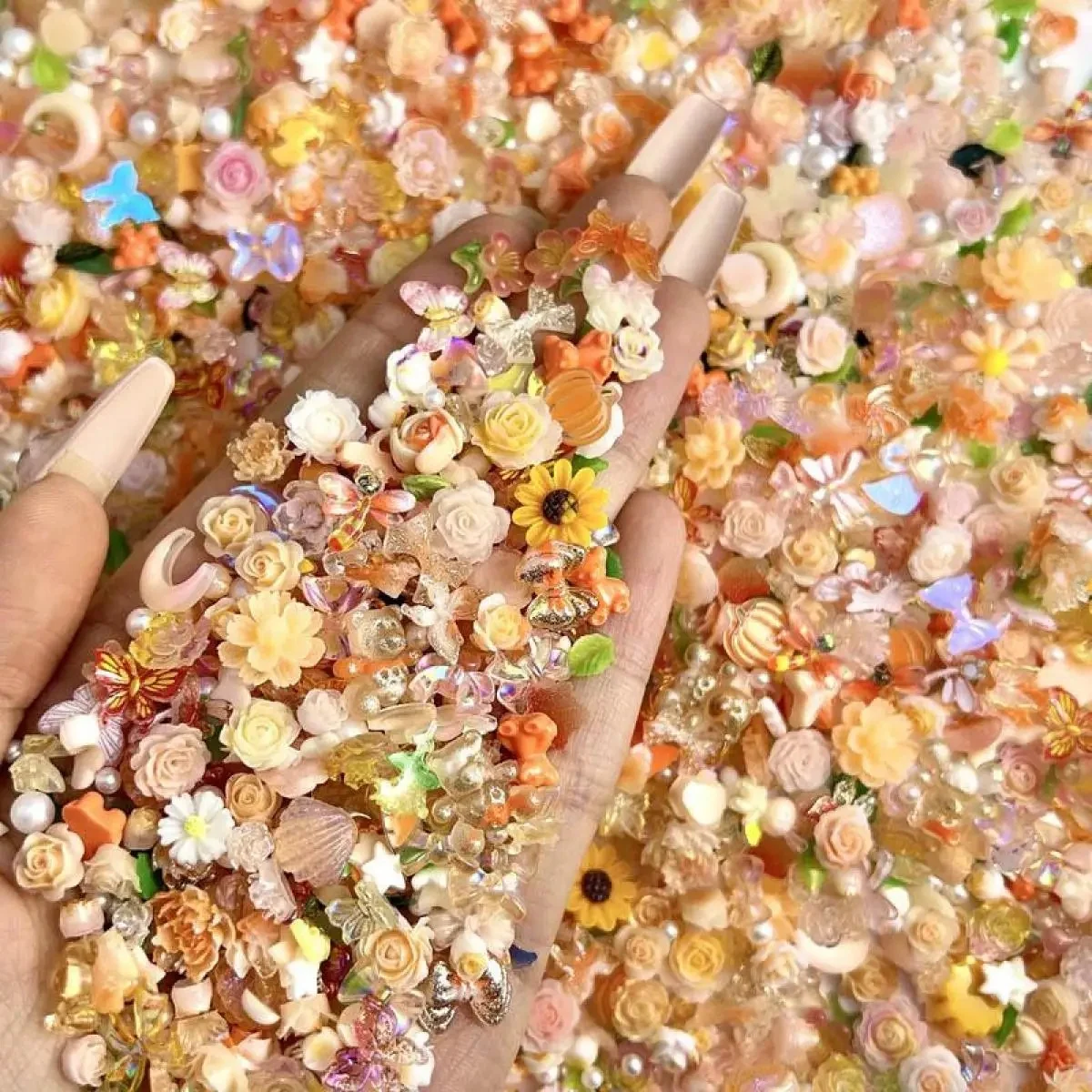 Breloques pour ongles, série Orange mixte aléatoire, fleur, papillon, résine 3D, tournesol, ours, nœud, décorations pour Nail Art, fournitures de manucure à faire soi-même