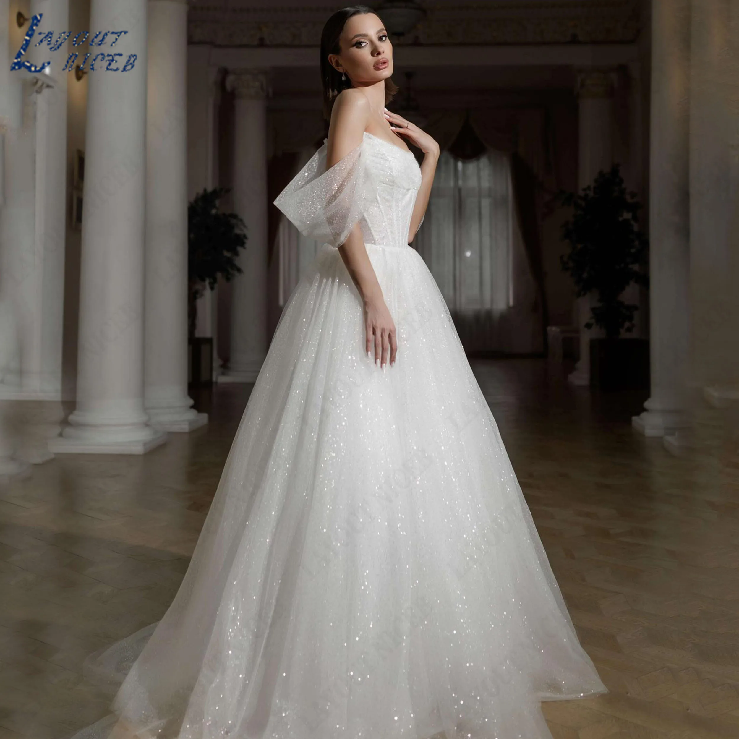LAYOUT NICEB Customized Off Shoulder Backless Ball Gown 2026 Wedding Dresses Bride Glitter Tulle Bridal Dresses For Woman