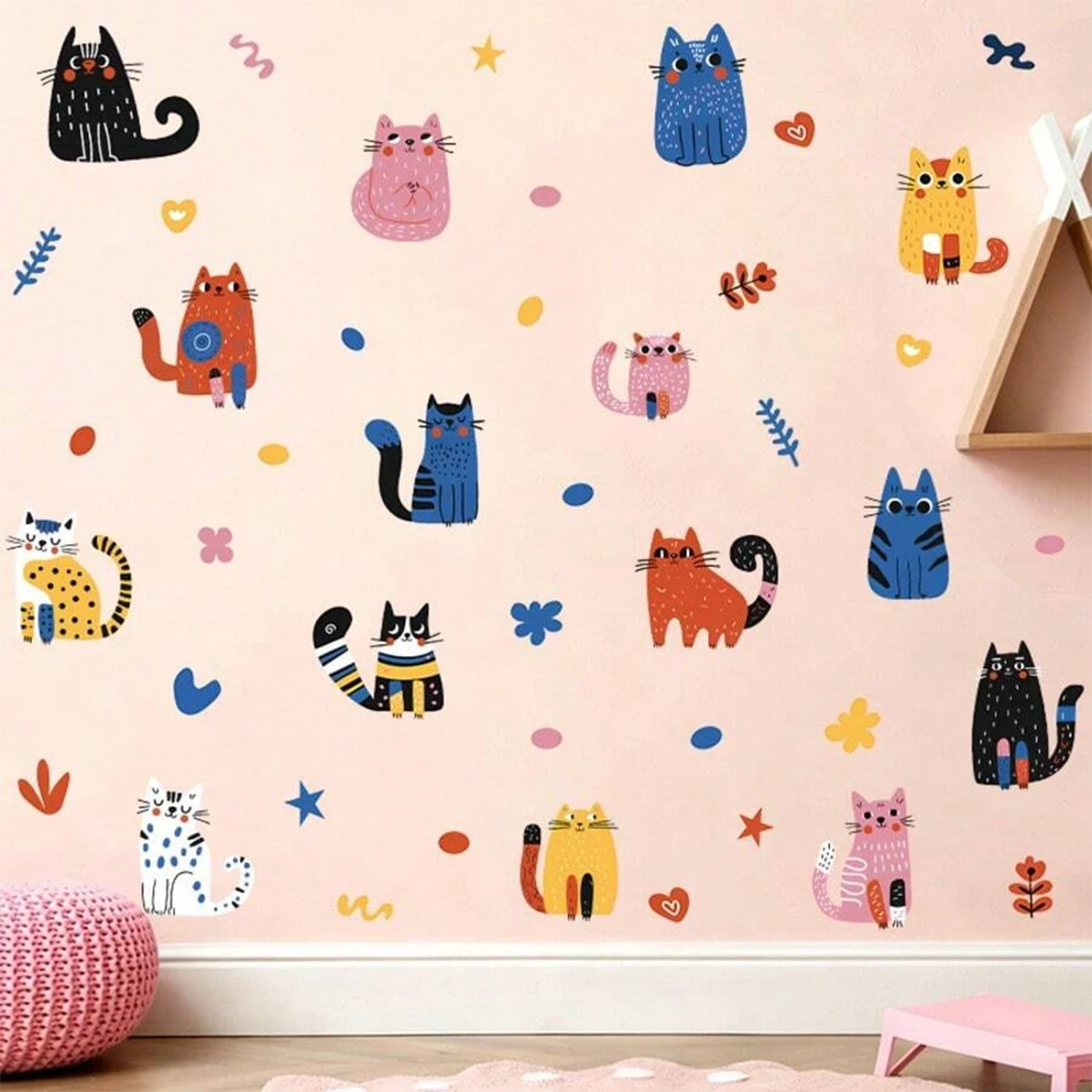 44Pcs Boho Colorful Cute Cats Wall Stickers Cartoon Animal Decal DIY Peel and Stick Vinyl Wallpaper for Kids Room Home Decor