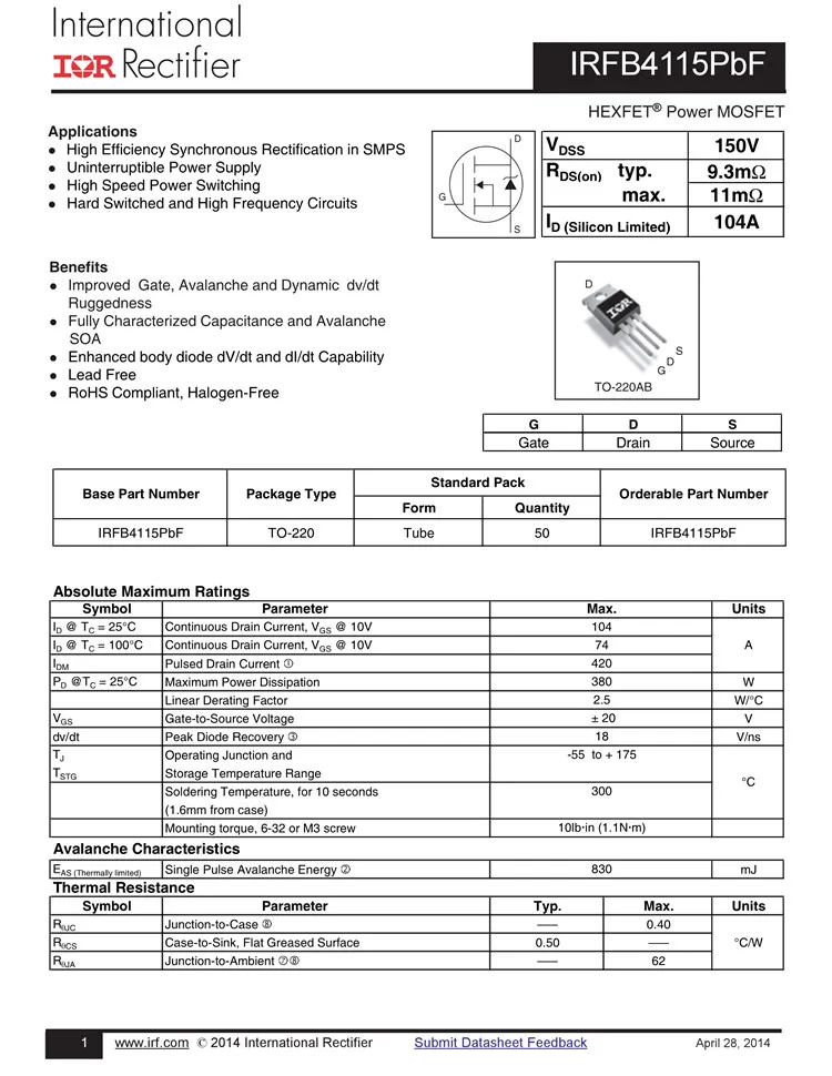 ทรานซิสเตอร์ IRFB4115PBF IRFB4115 IRFB4110PBF ถึง-220 MOSFET N-Channel 150V/104A 11mΩ @ 10V แบบใหม่ดั้งเดิม1000ชิ้น