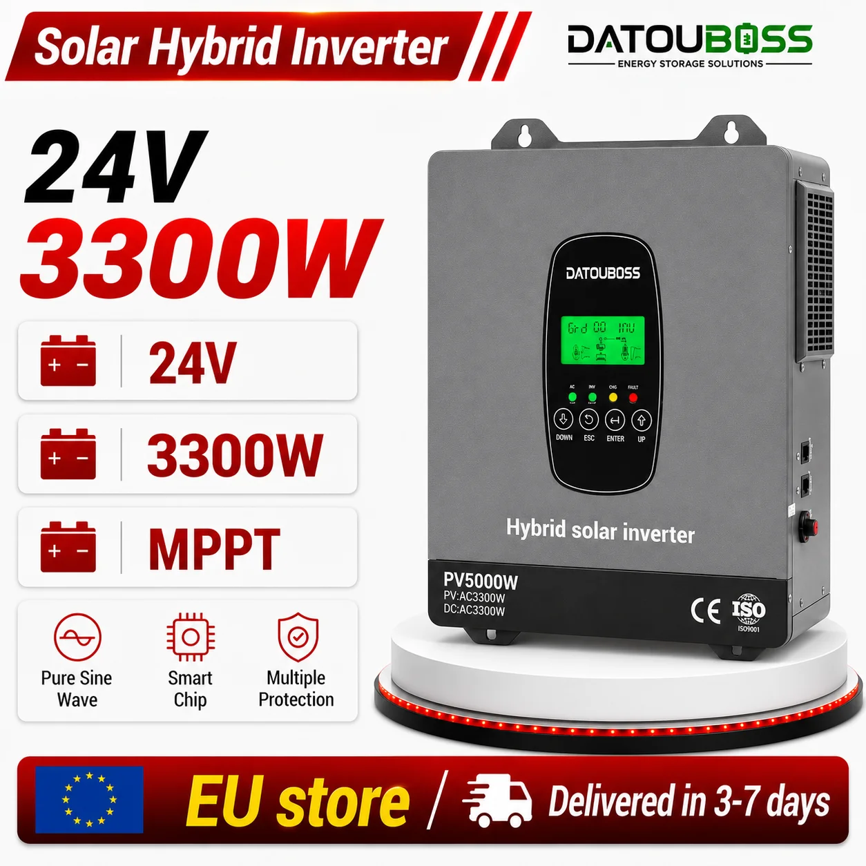 Inwerter solarny hybrydowy 24V 3300W, wejście PV 5000W z MPPT | Inwerter akumulatorowy 21‑30VDC, konwerter solarny 220V AC z RS485 do systemów solarnych off-grid