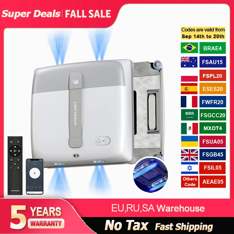 NEW Robot Window Cleaner Liectroux G9 Dual Vibrating Bionic Cleaning Arms, 8-Nozzle Water Spray,10000Pa Suction, Smart Memory