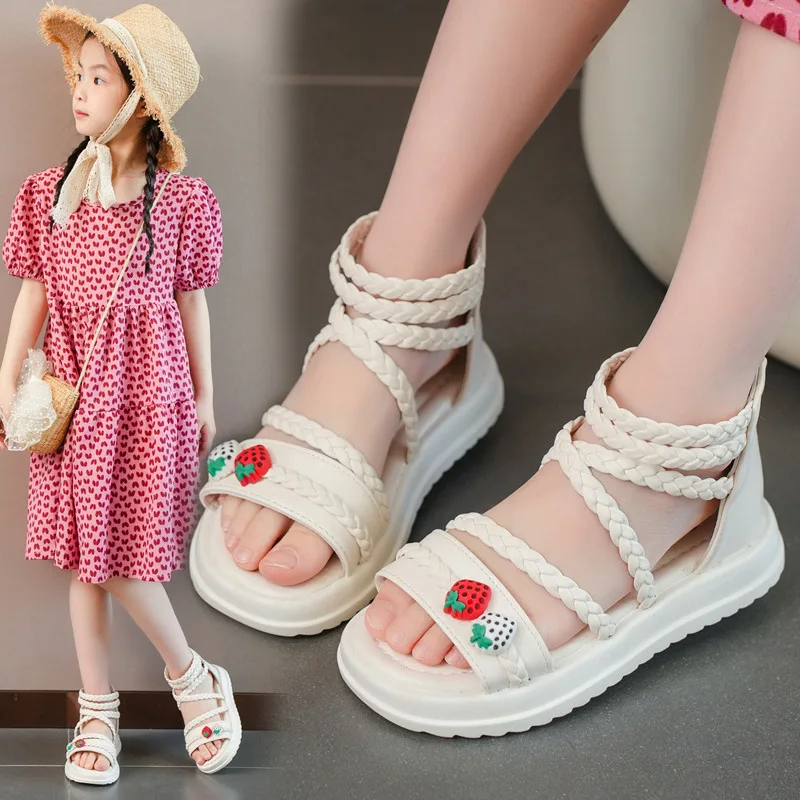 

Girls Sandals Kids Summer Roman Shoes Elegant Party Princess Flat Open Toe Shoes Non-slip Girl Soft Sole Zipper Beach Sandal