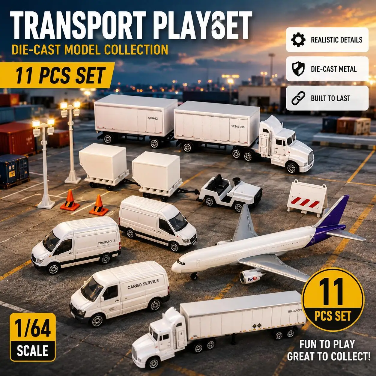 11-Piece 1:87 Scale Aviation Display Set, Cargo Aircraft and Ground Service Vehicle Models, Detailed Metal & Plastic Airport Scene Collection for Diorama Layout, Office Decor, Hobby Projects, Father's Day Gift
