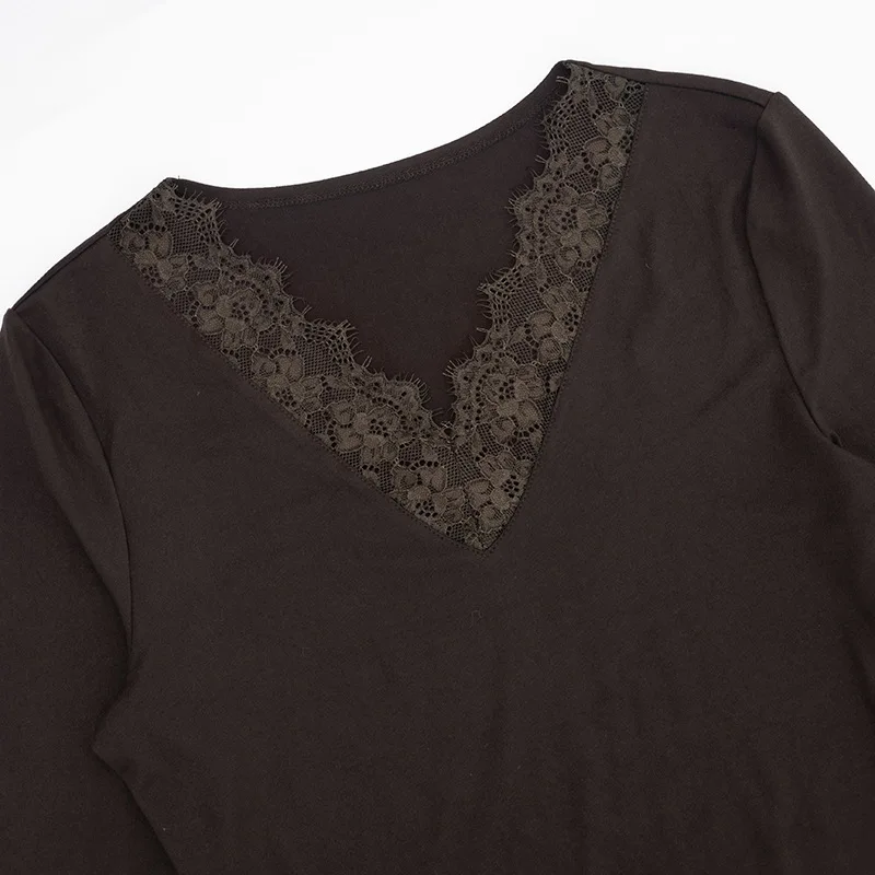 Elegantes Damen-Oberteil mit Spitzen-Patchwork, schwarz, schmal geschnitten, langärmelig, V-Ausschnitt, T-Shirts, Y2K-Oberteile, Frühlingspullover, modische Freizeitkleidung – Detail 14