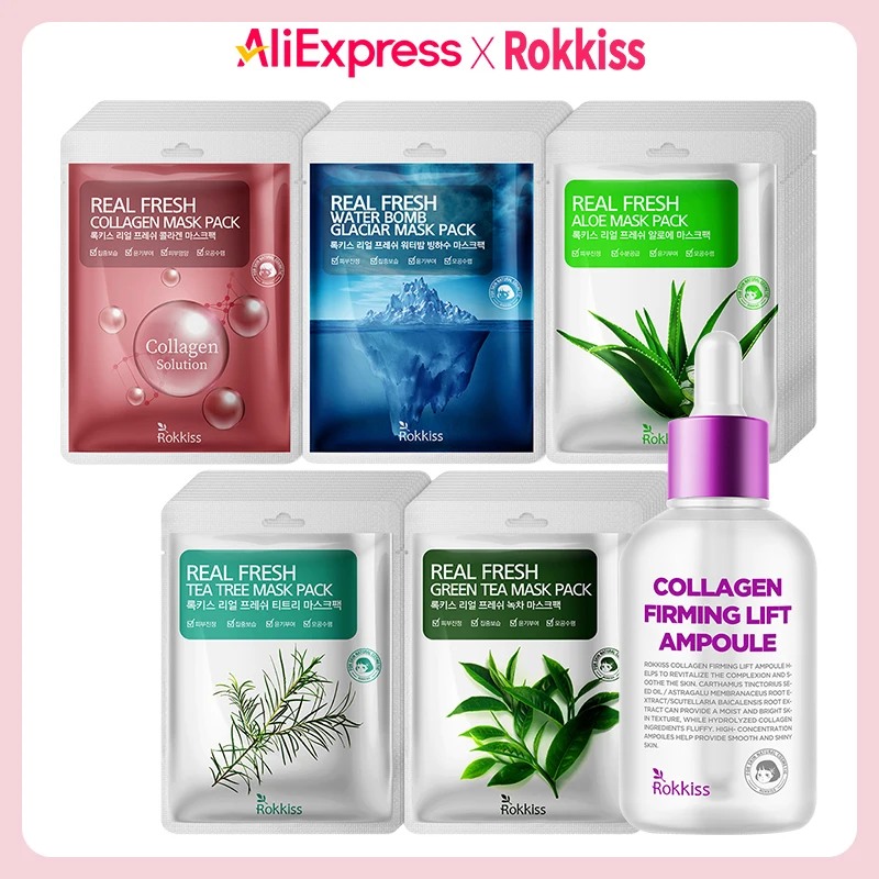 Rokkiss Real Fresh Mask Pack 5 Types 50pieces + Collagen Firming Lift Ampoule, 55ml