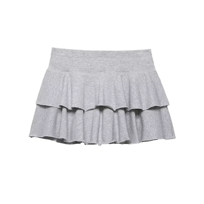 Casual Women Grey Cotton Skirt Comfortable High Waist Drawstring Ruffle Mini Skirts Elegant Layered A-Line Short Skirt Beachwear