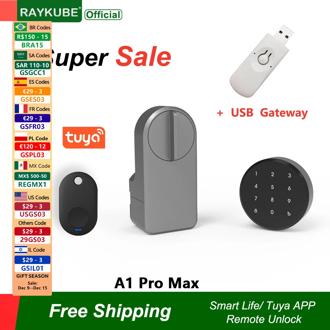 RAYKUBE A1 Pro Max Tuya BEL Smart Door Lock Set with Fobs/ Keypad/ Smart Key Tuya Remote Unlock Work with Alexa Google Assistant