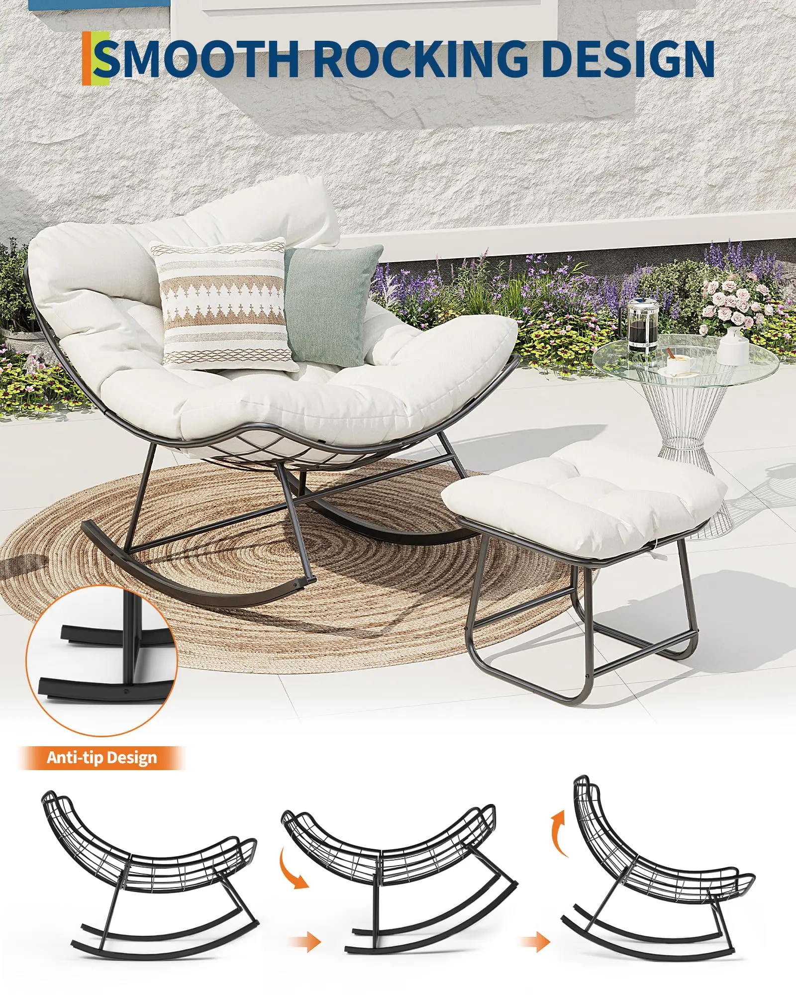 Oversized Outdoor Wicker Rocking Chair with Footstool – Patio Egg Chair with Thick Removable Cushion & Metal Frame, Comfortable Rocking Lounge Seat for Balcony, Yard, Porch & Living Room