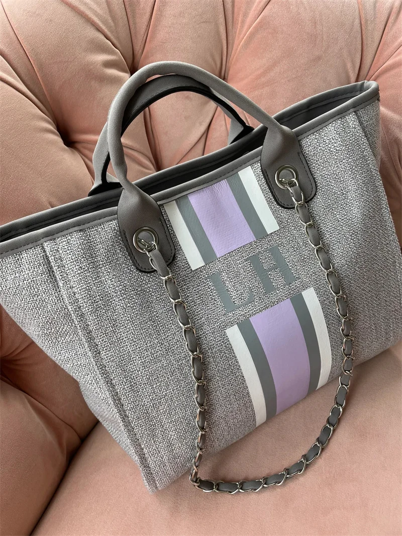 Personalized Monogram Tote Bag Canvas Customised Grey Lilac White Chain Handbag Personalised Stripe Initials Shoulder Tote Bag