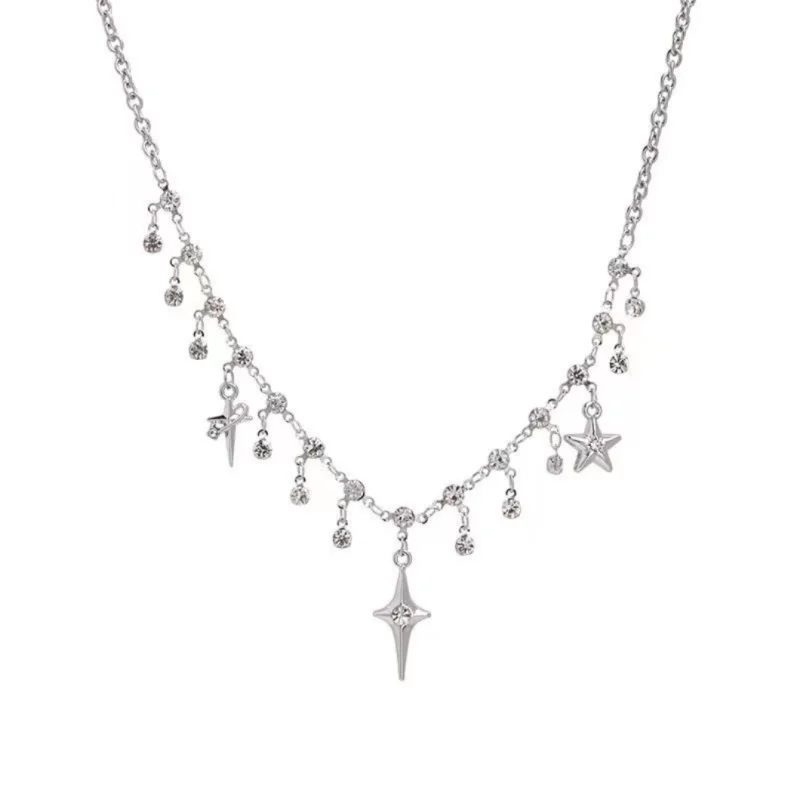 2Pcs Y2K Layered Star Necklace Set Shiny Water Diamond Four Corners Star Black Imitation Crystal Star Pendant Necklace Jewelry