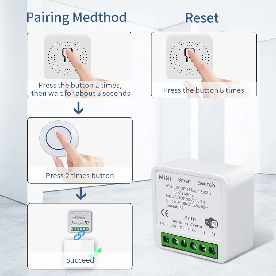 Interruttore pannello Wireless rotondo Mini interruttore luce ricevitore relè 10A 20A RF433Mhz + trasmettitore modulo WIFI per camera da letto