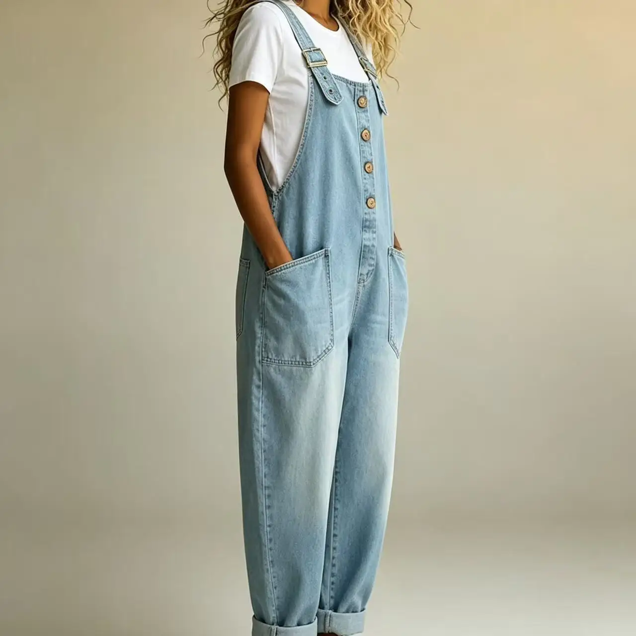 Plus Size Women Vintage Denim Bib Overalls Adjustable Shoulder Straps Front Wooden Buttons Loose Fit Roll Cuff Ankle Jeans Romper With Large Side Pockets Casual Holiday Daily Wear 2026 New