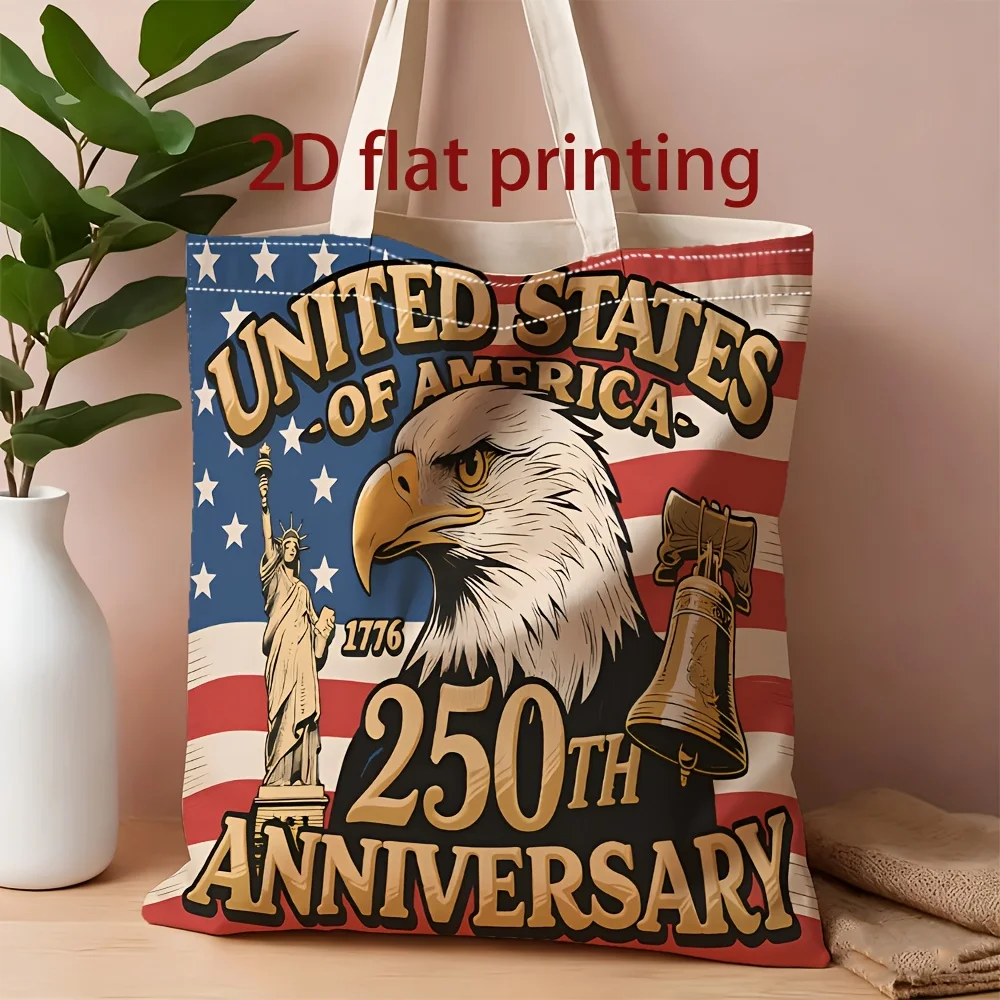 1 Piece American National Day Commemorative 250Th Anniversary Canvas Shoulder Bag with a Bald Eagle and Freedom Symbols, Lightweight Foldable Tote Bag with Fixed Shoulder Strap, Reusable Shopping Bag, Perfect Gift for Commuting, Travel, Shopping, School, and Holidays