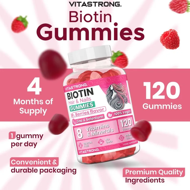 مركب فيتاسترونج بيوتين عالي الجرعات 100% نباتي - 120 علكة بيوتين للشعر والبشرة والأظافر مع الزنك والسيلينيوم وفيتامين C وفيتامين E وفيتامين ب6، يوديد البوتاسيوم يوديد الصحة ويقلل من التعب