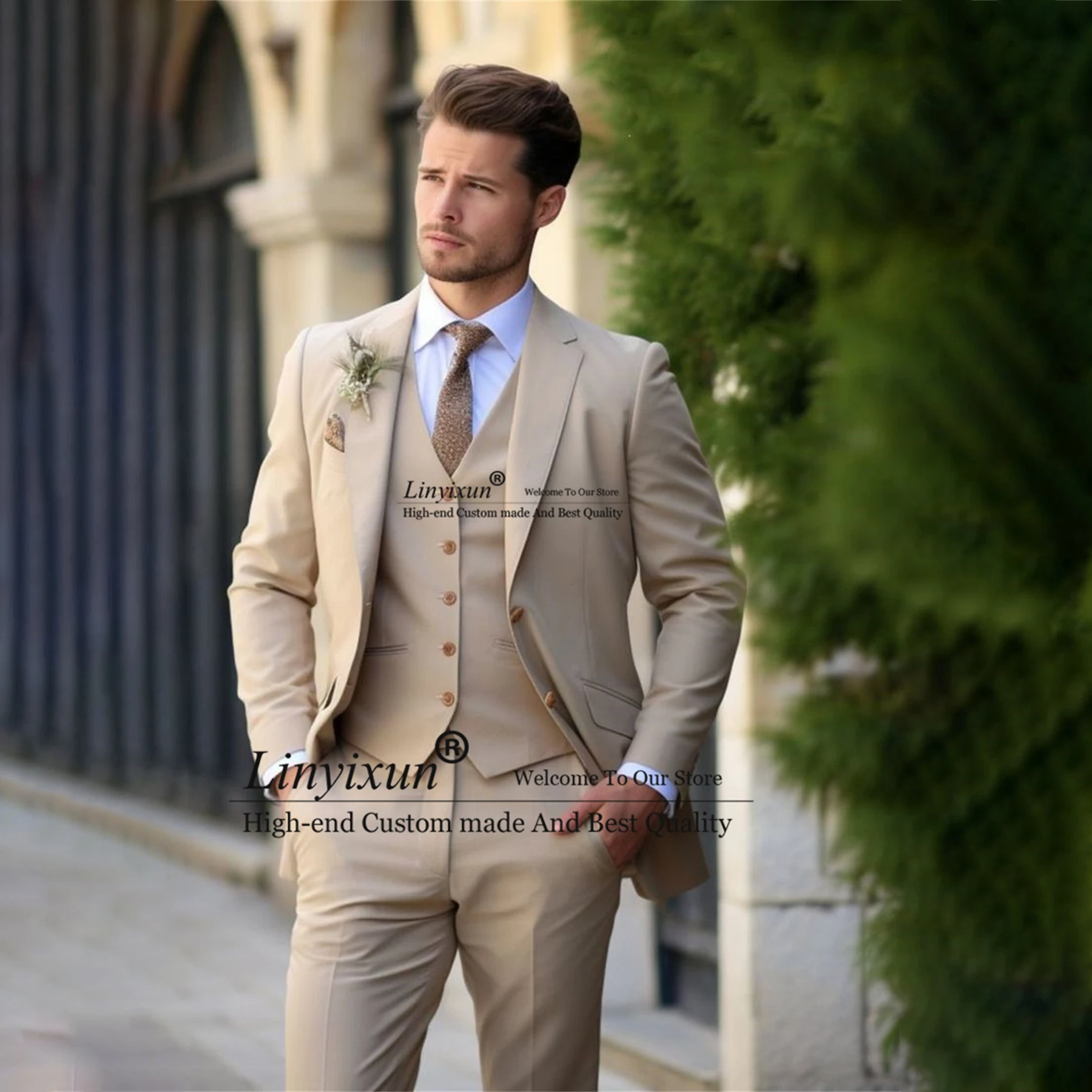 

Formal Beige Wedding Tuxedos For Groom 3 Pieces Sets Men Suits Slim Fit Prom Party Blazer Bussiness Male Dinner Costume Homme