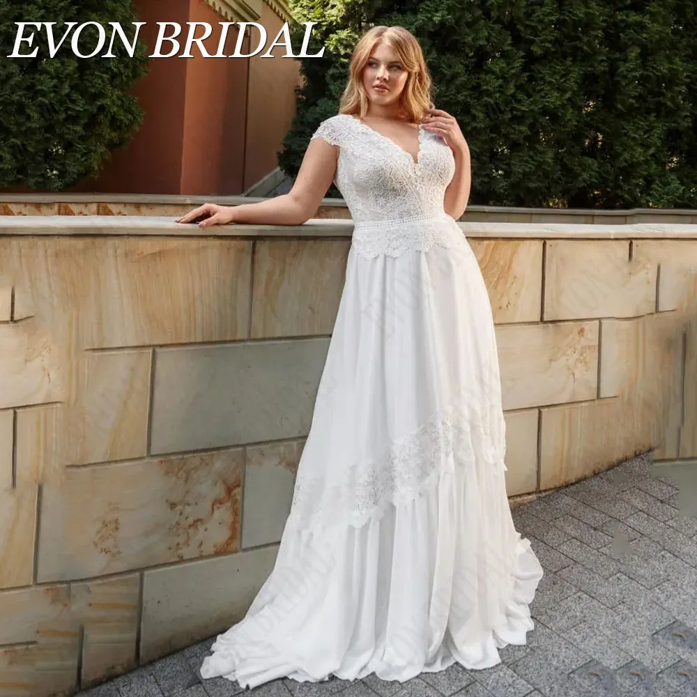 EVON BRIDAL Elegant Lace Plus Size Wedding Dress Double V-Neck A-Line Chiffon Bridal Gown Short Sleeve vestidos novias boda