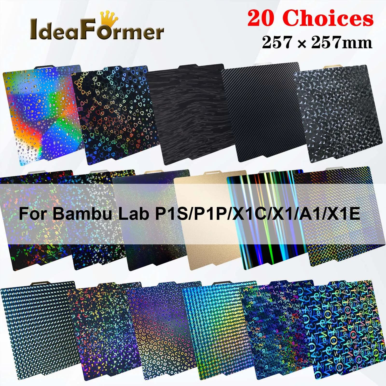 

Для Bambu Lab A1/P1P/P1S/X1C/X1/X1E PEI PET 257 × 257 мм, двухсторонняя сборная пластина, Модернизированный тепловой стол для детали лабораторного 3D-принтера Bambu.