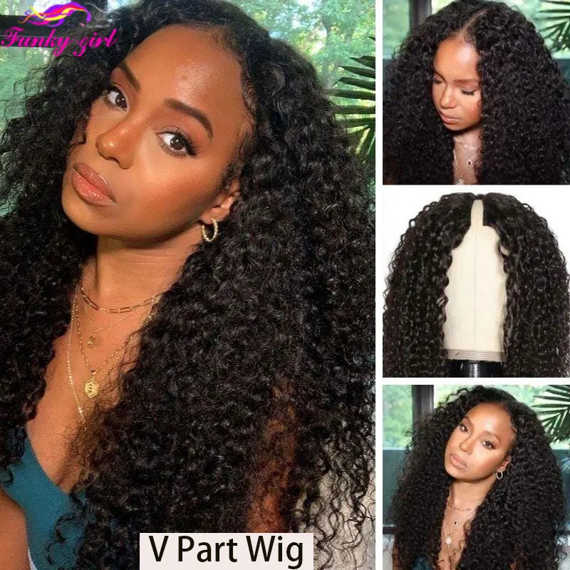 Kinky Curly U Part Human Hair Wig Brazilian Deep Curly Glueless V Part Wig For Black Women 150% Density Natural Black Color Wigs