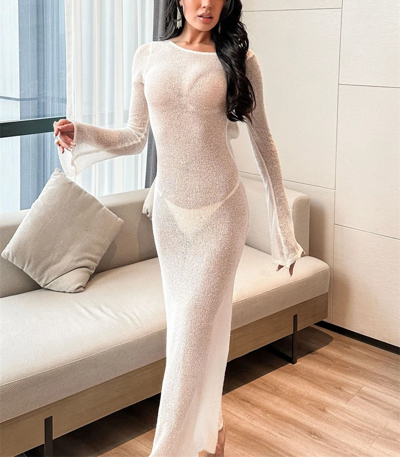 우아한 긴팔 시스루 니트 드레스 섹시한 백리스 크로셰 비키니 커버업 슬림 시스루 솔리드 수영복 (여름용)