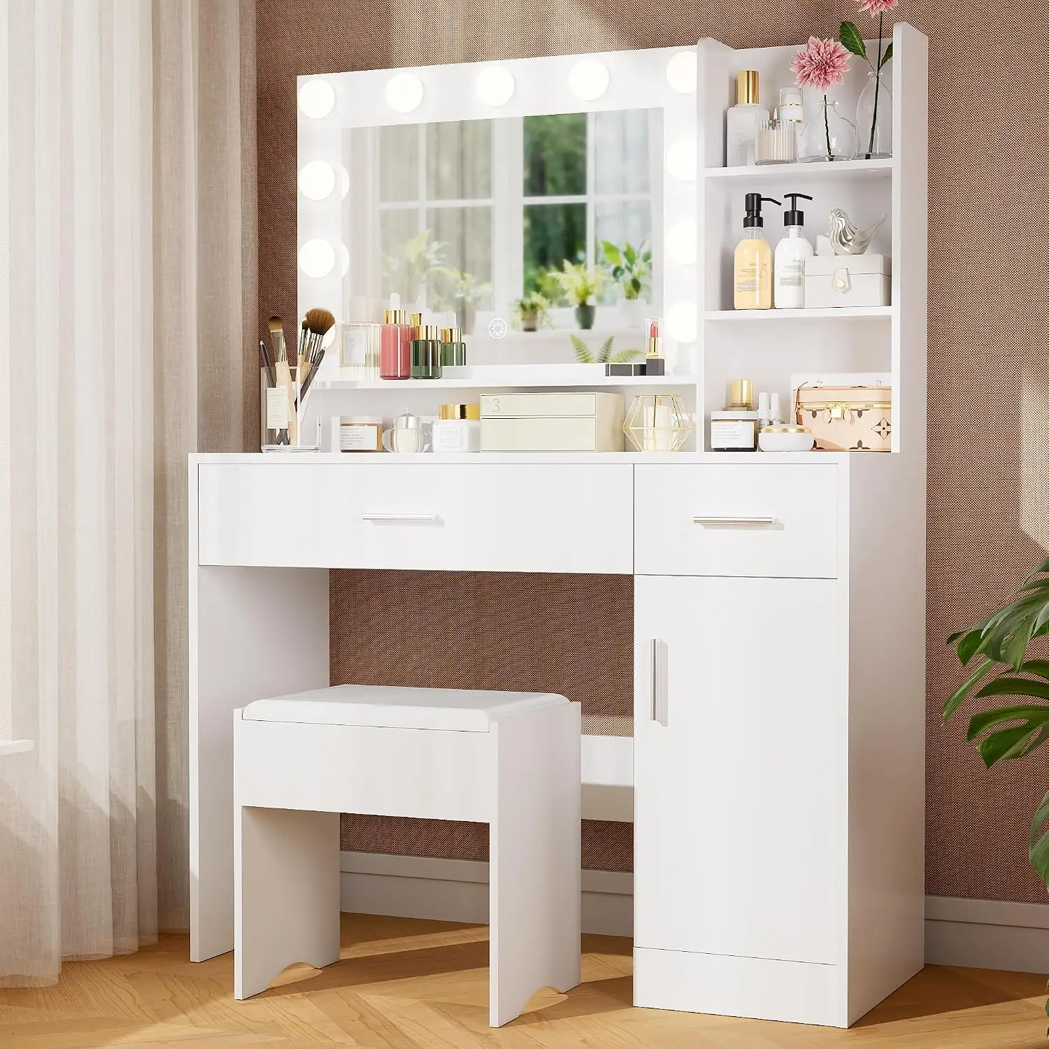 Vanity Desk with Mirror and LED Lights,Vanity Desk with 3 Drawers & 3 Storage Shelves,Vanity Table with Chair,Three Adjustable Lighting Modes,Bedroom Vanity,White