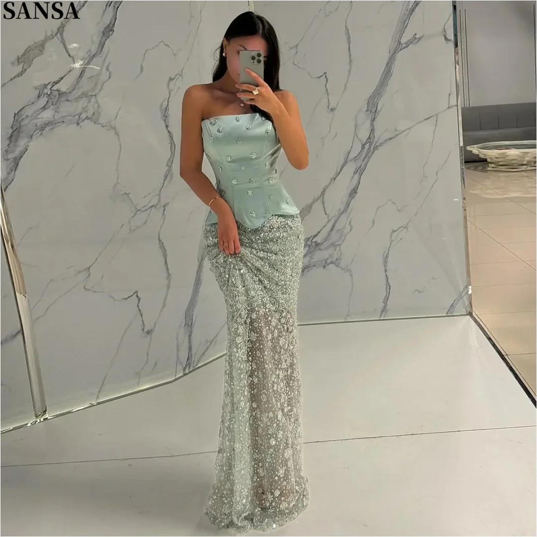 Sansa Customized Green Strapless Mermaid Prom Dress Satin Peplum Bodice with Sparkling Sequin Skirt Floor Length Formal Evening