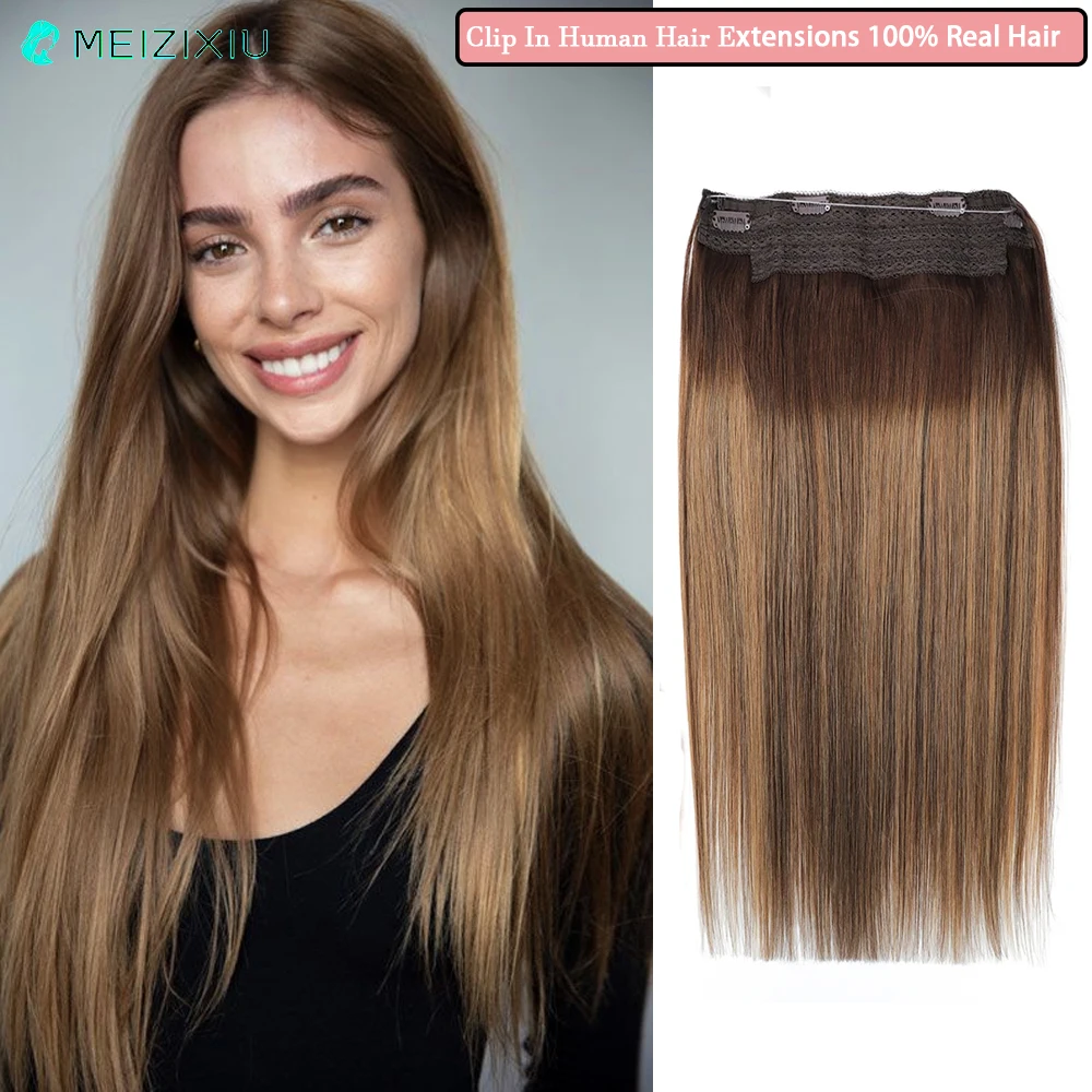 RemeeHi Invisiable Hair Pieces Human Hair Straight Lace Fish-line Wire Micro Hair Extensions for Women 20 Inch 90g Brown with 27