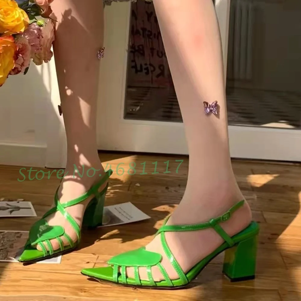 Pointy Toe Heart High Heels Sandals Women Chic Cross Strap Summer Roman Block Heel Sandals Sexy Patent Leather Shiny Party Shoes image 2