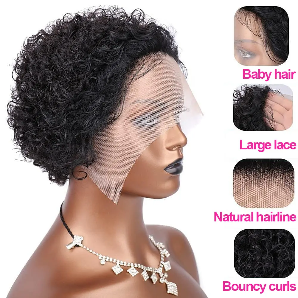 Pixie Cut Wig Human Hair 6 inch Short Curly Human Hair 13X1 Transparent Lace Wig Plucked and Bleached Knots Wigs For Black Women