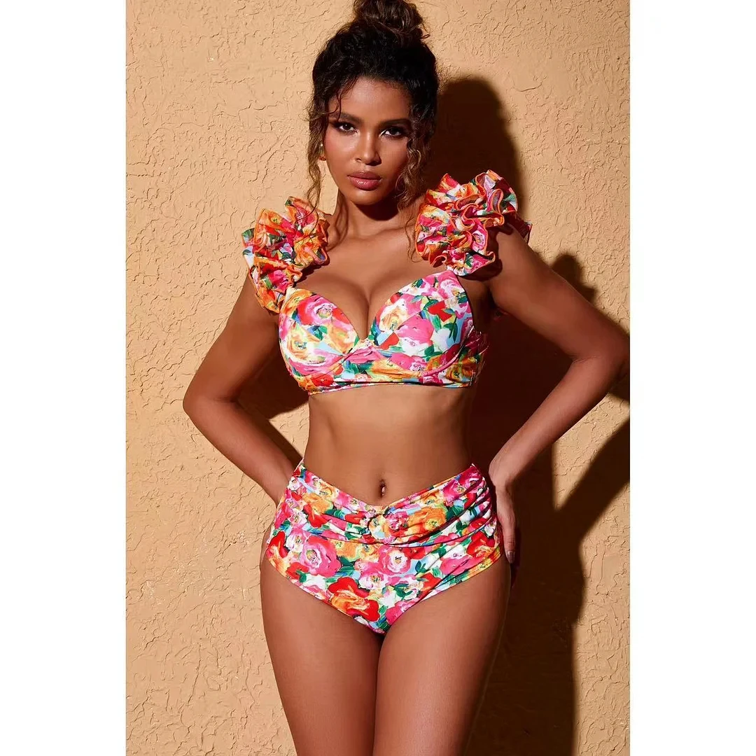 Bikini imprimé floral pour femme, maillot de bain et jupe, ensemble 2 pièces, vêtements de plage, 2024