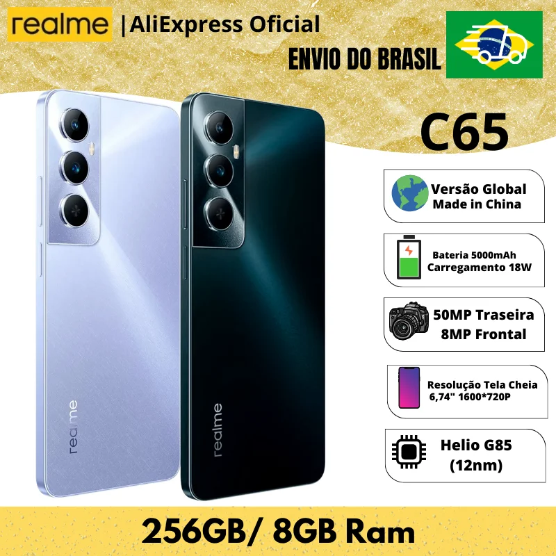 셀룰러 Realme C65 4G | Envio do Brasil 스마트폰, 4G , ROM 글로벌, 프로세서 헬리오 G85 (12nm), 18W