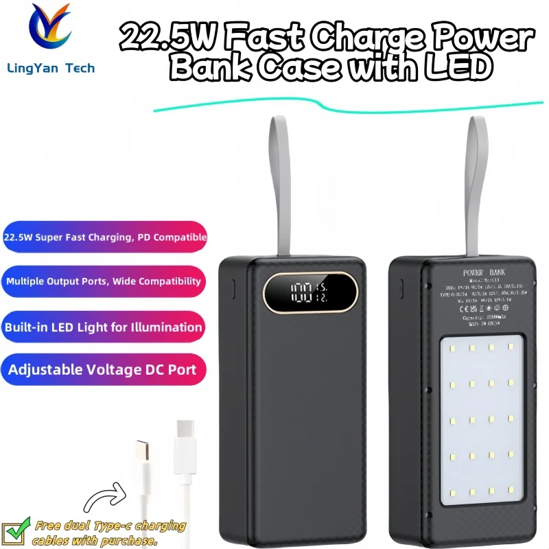 DIY 21×18650 Power Bank Case | 22.5W PD Fast Charge | Multi-Port Output | Adjustable DC Voltage | LED Light