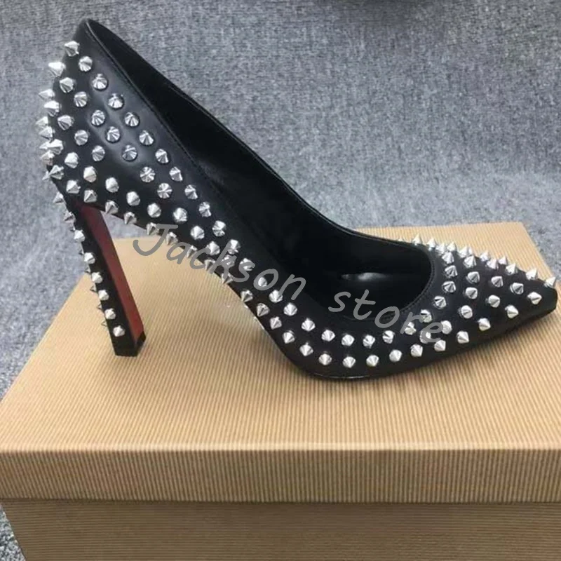 Black Rivet Pointed Toe Women Shoes Designer Pointed Toe Super High Heel Slip On Party Female Dress Shoes Comfort Office Shoes