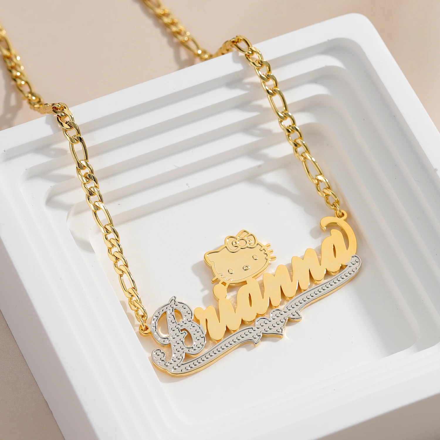 

18K Gold Plated Double Color Chain Custom Name Necklace With Heart Personalized 3D Nameplate Pendant Figaro Chain Jewelry Gift