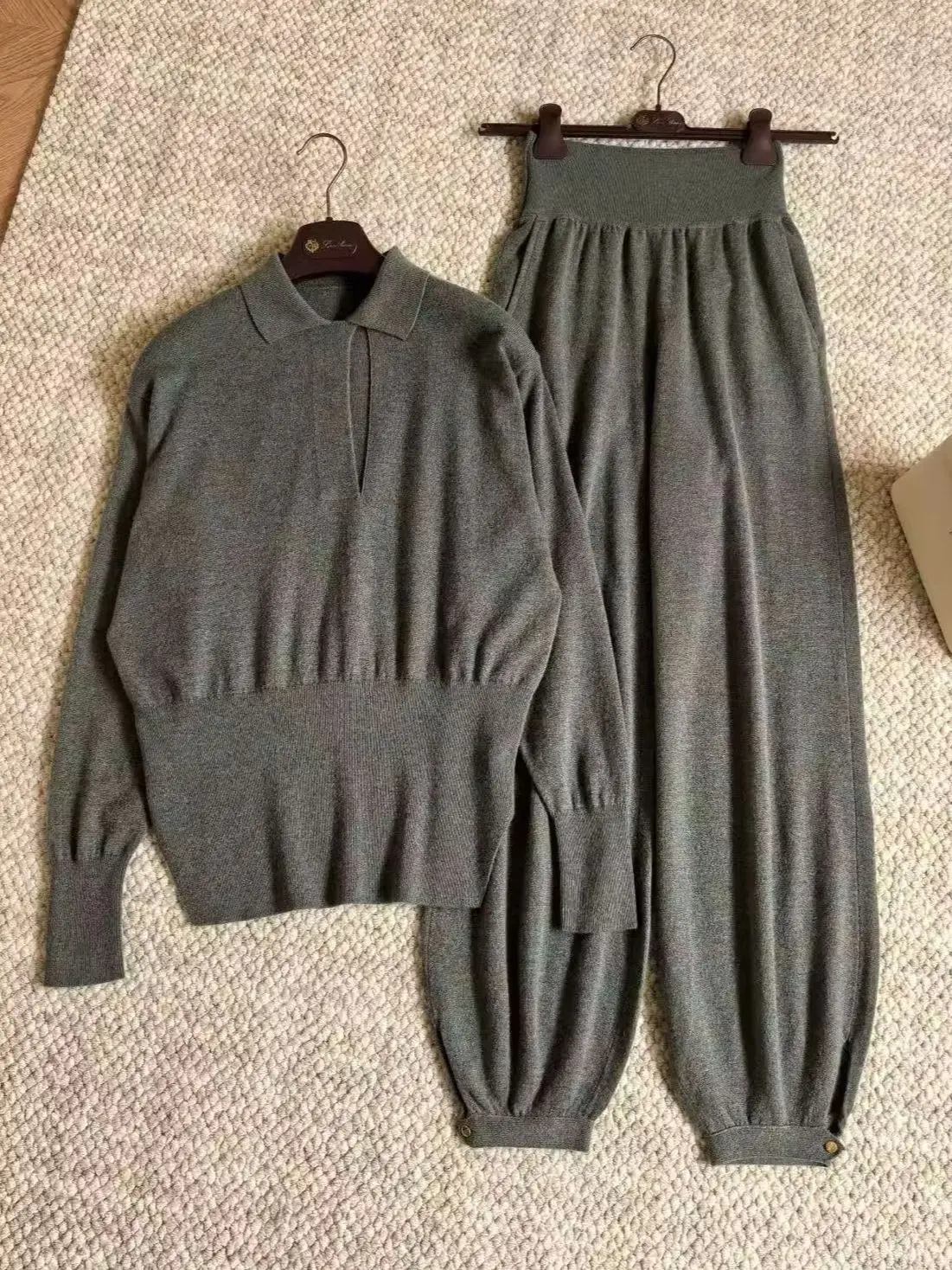 Elegant Style High-Quality Polo Collar Cashmere Knit Set
