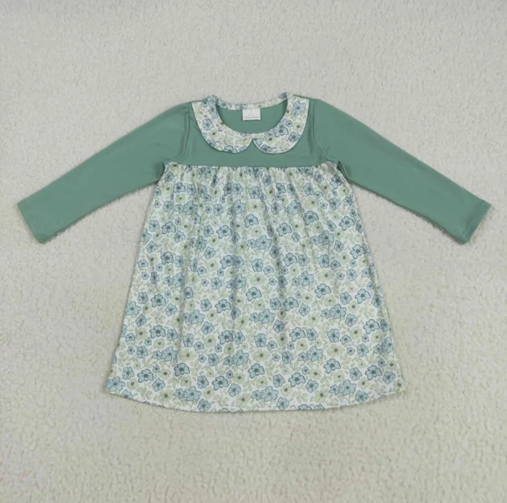 

Boutique Toddler Girls Long Sleeve Dress Flowers Green Print Girls Fall Knee Length Dress