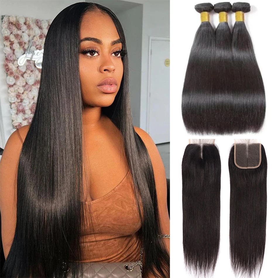 

Straight Bundle with Closure Brazilian Human Hair 3 Bundles with 4x4 Lace Closure Straight Virgin Weave Hair Bundle with Closure