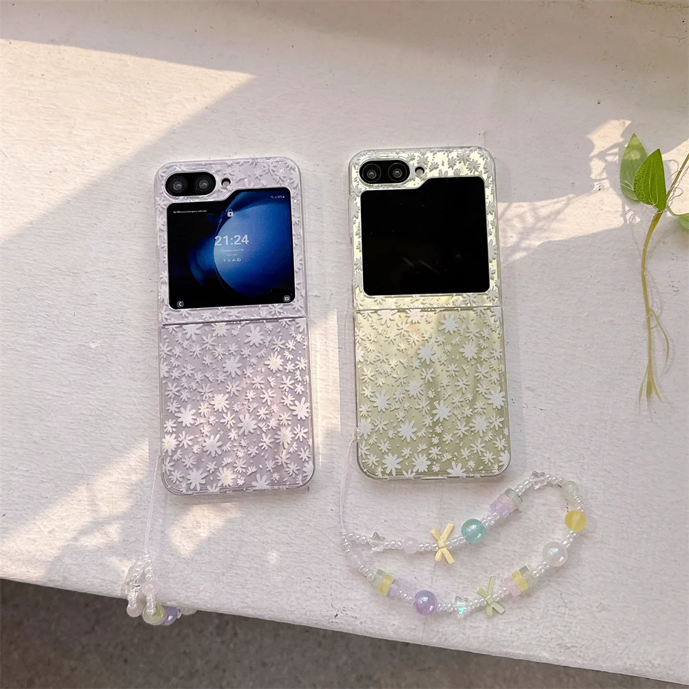 Ins Cute Small Flower Silicone Phone Case  for Samsung Galaxy Z Flip5 6 7 Flip6 7 FE Flip7 Flip5 4 3 Cover with Chain Kawaii Cap