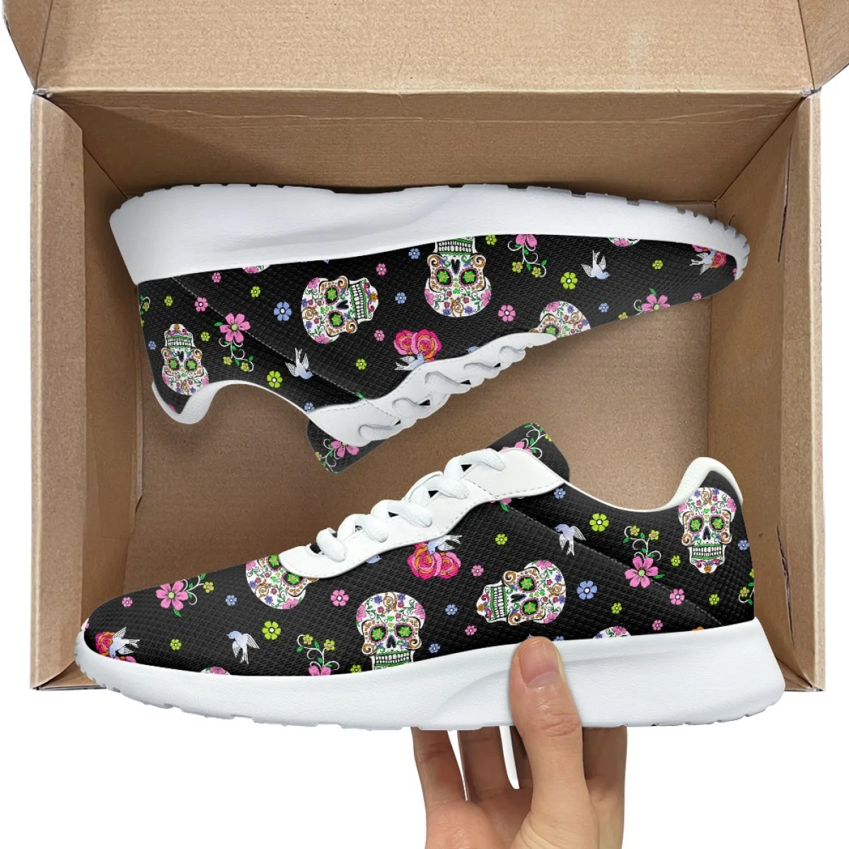 Skull Flower Bird Print Women's Casual Durable Running Shoe Cozy Lace-Up Flats Gym Teen Sneakers Print On Demand tenis masculino