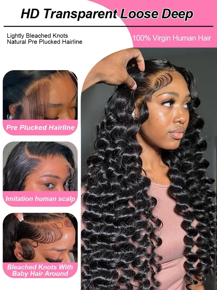 250 Density Loose Waves Wigs Human Hair Deep Wave 13X6 Hd Lace Frontal Wigs Curly Human Hair Wigs With Bleached Knots 30 40 Inch