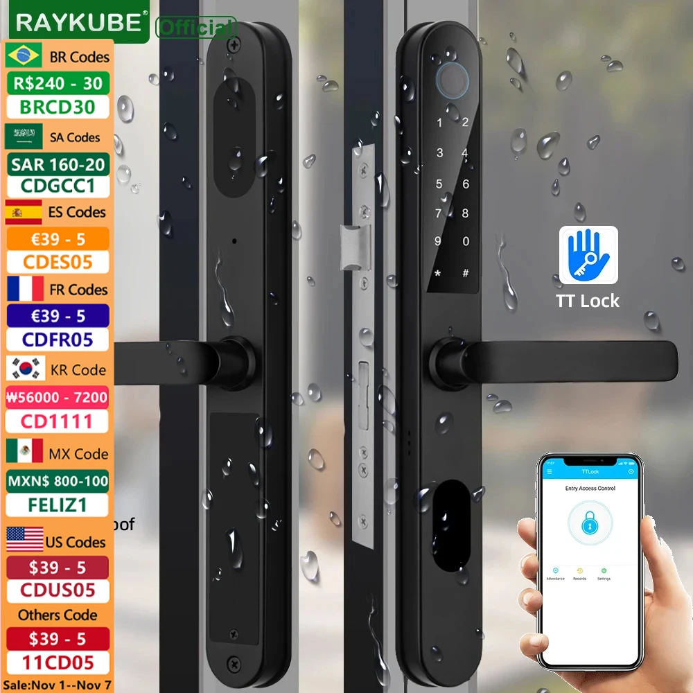 

RAYKUBE DQ09 IP68 Waterproof Bluetooth Door Lock Aluminum Door Locks With TT Lock APP Fingerprint Password IC Card Key Unlock