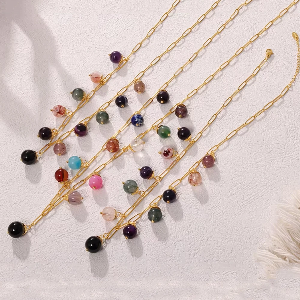 1pcs INS natural stone long jumper chain stainless steel coloured stone fashion temperament necklace jewellery